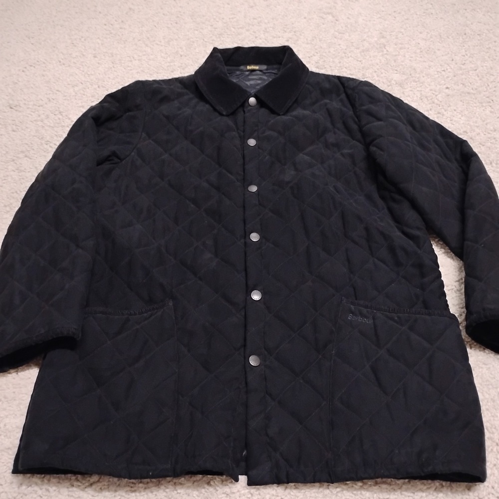Barbour Jacket Mens XL Snap Black Corduroy Collar Coat Squires Quilted Designer
